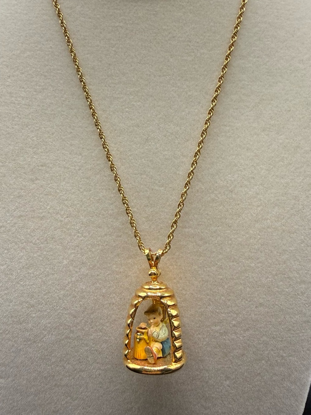 Hummel Gold-Tone Bell Pendant Necklace with Hand-Painted Figurine